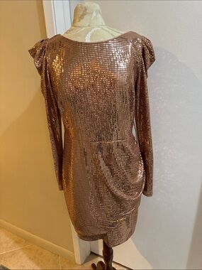 AQUA Rose Gold Rectangular Sequins Glitzy Ruched Lined Mini Dress XL NWT